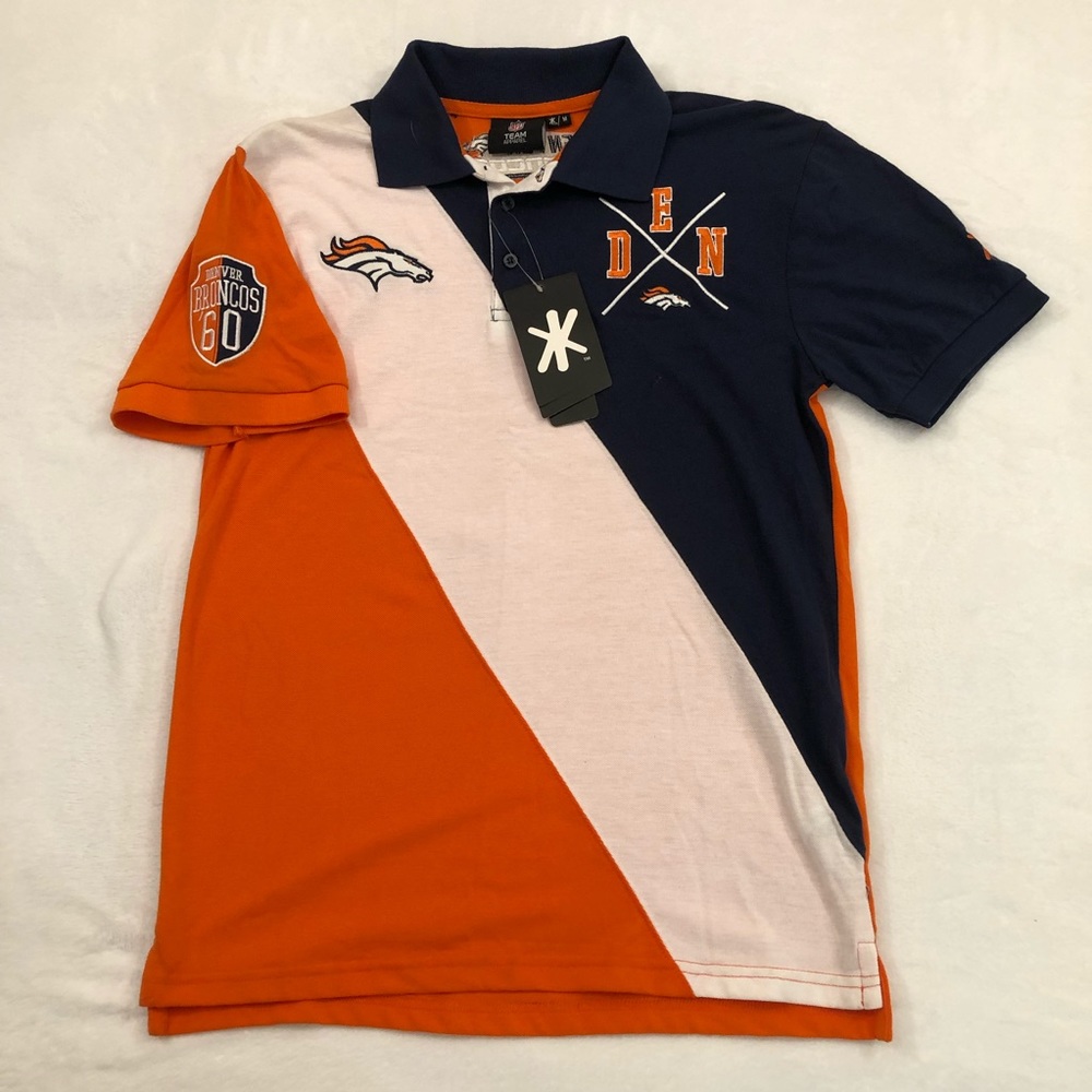 Denver Broncos Football Rugby Style Klew NFL Orange Navy Golf Polo Shirt Mens